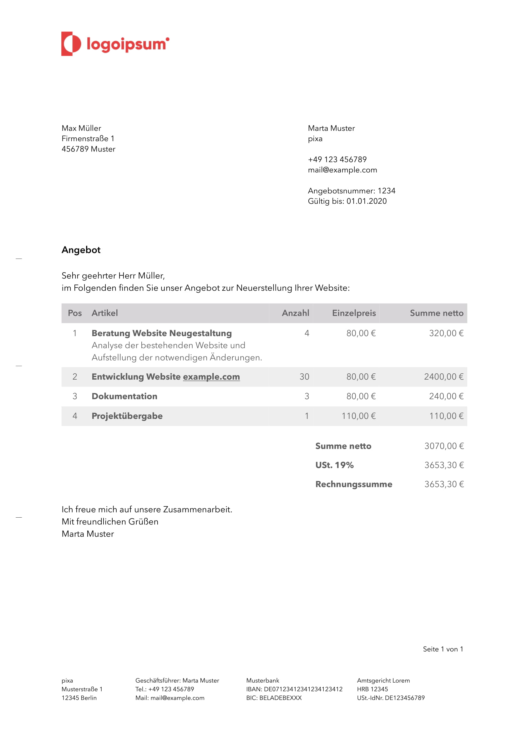 Angebotsvorlage Kostenlos F r Word Pages Likvi